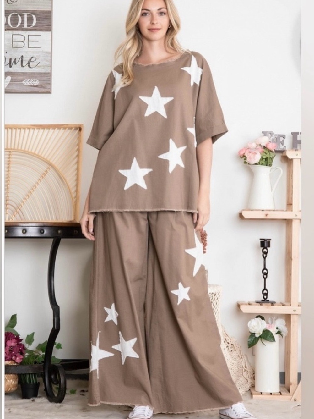Blue Velvet Star Patch 2 Piece Wide Leg Pant Set - XL - Rust